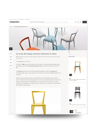 Archiproducts e Archiportale febbraio 2024: un bell'articolo di Antonella Fraccalvieri sulle nuove mise delle nuove sedie Ponti colorate.